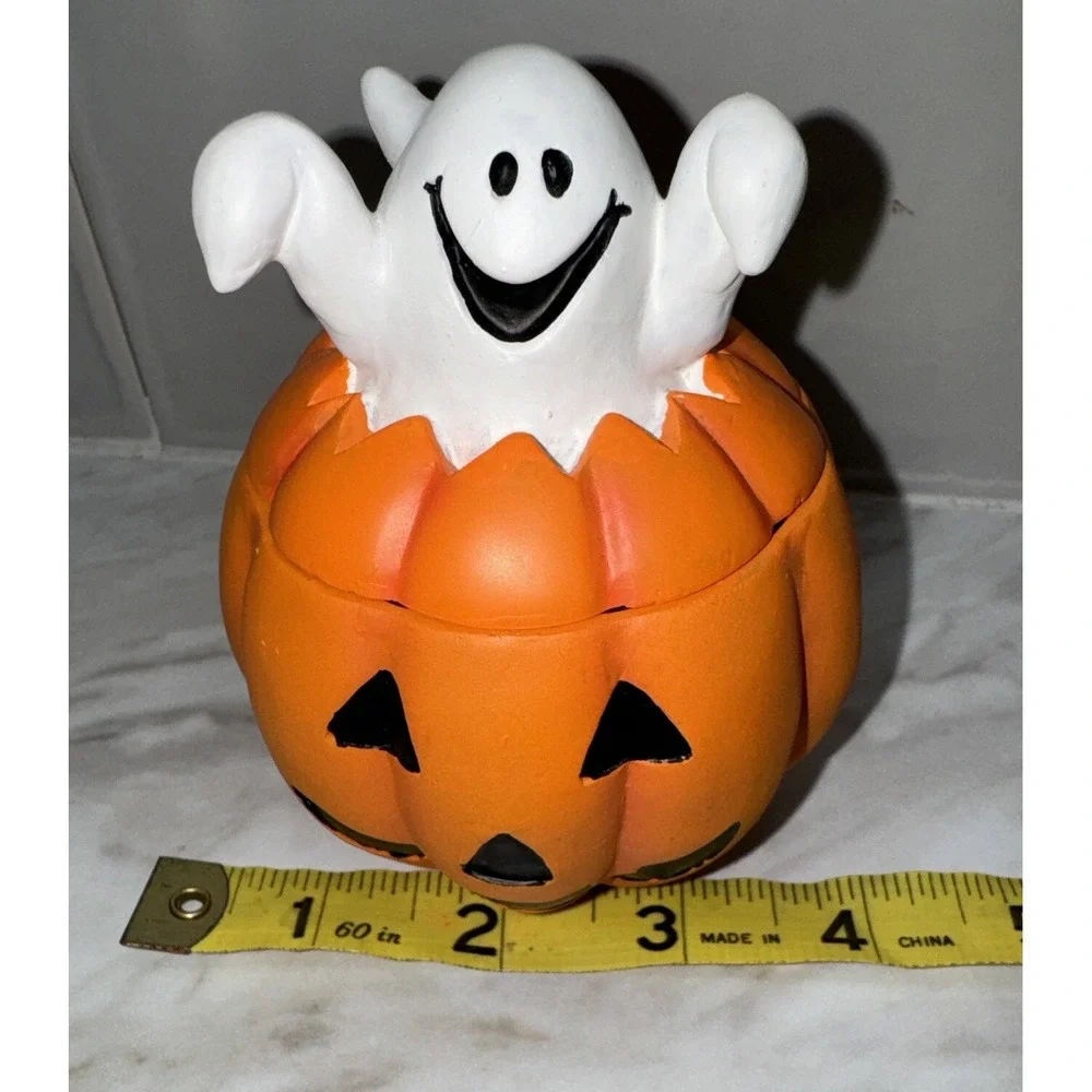 Vintage Ceramic Ghost on Pumpkin Lid Halloween Candle Holder Trinket Box‎